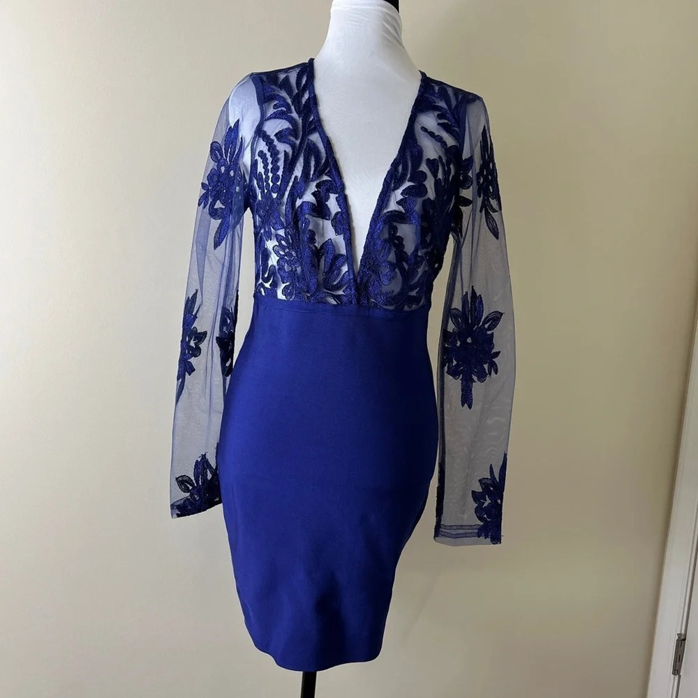 Fashion nova royal blue Gabrielle Deep V Bandage Dress Sheer Bodice Size M - Picture 4 of 15